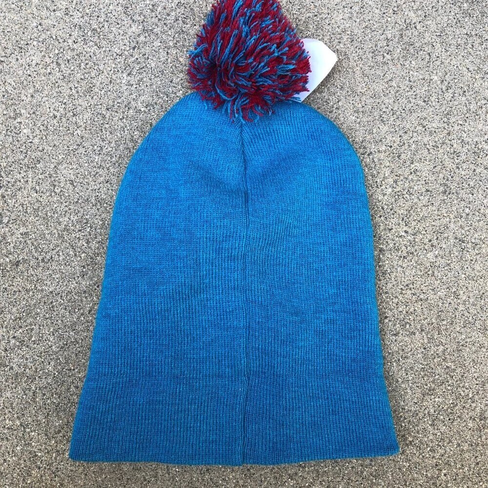 ALAB Pom Beanie Happy Face Mushrooms Hat Cap Blue Ribbed Winter Brand New - Picture 3 of 7